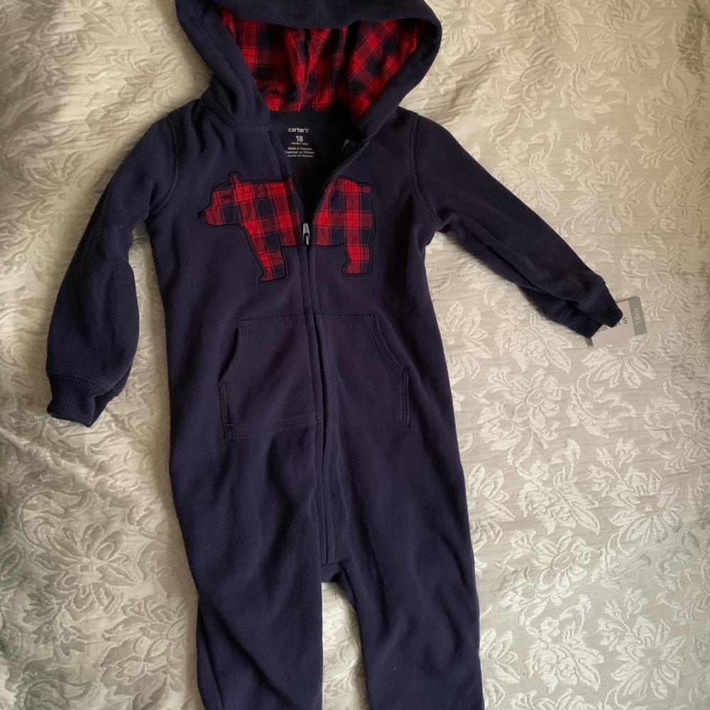 Carter's Navy Footie with Red Plaid Hood